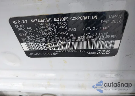 2017 Mitsubishi Outlander Se from USA, damaged, VIN JA4AD3A30HZ025100